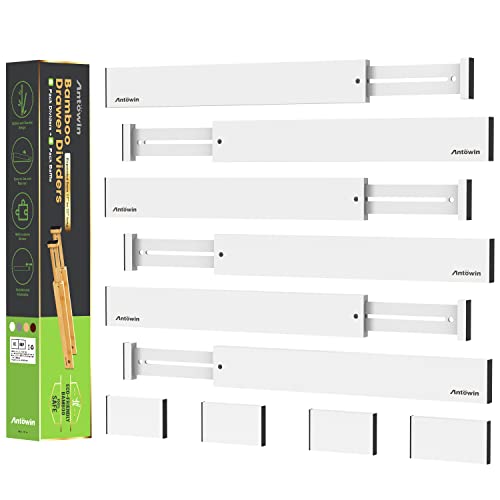 ANTOWIN Bambus-Schubladen-Trennwände, Schubladen-Trenner, 43.2–55.9 cm lang, verstellbar, federbelastet, Organizer für große Utensilien, Werkzeugschubladen(weiß)