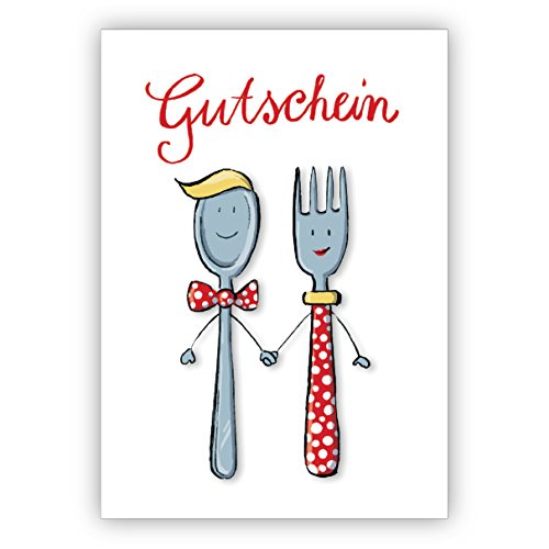 1 Grusskarte: Liebevoller Gutschein zum Essen mit Herrn und Frau Löffel und Gabel • schöne Premium Grusskarte mit Umschlag für beste Freunde und Lieblingsmenschen