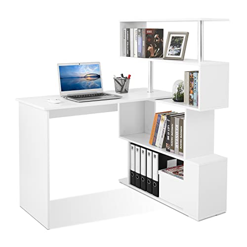 Meerveil Computertisch L-Förmig, Eckschreibtisch, mit 360 Grad Drehbarem Bücherregal für Arbeitszimmer Wohnzimmer Büro 157 x 45 x 130,5 cm, Weiß