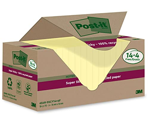 Post-it Super Sticky 100 % Recycling Notes, 14+4 GRATIS-Blöcke/Packung, 70 Blätter pro Block, 76 mm x 76 mm, Gelb - Extra starke Haftnotizen aus 100 % Recyclingpapier