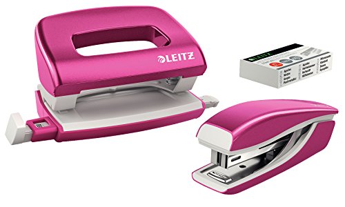 Leitz 55996023 Mini-Heftgerät-und Locher-Set (für bis zu 10 Blatt, Inkl. Heftklammern, WOW) metallic pink
