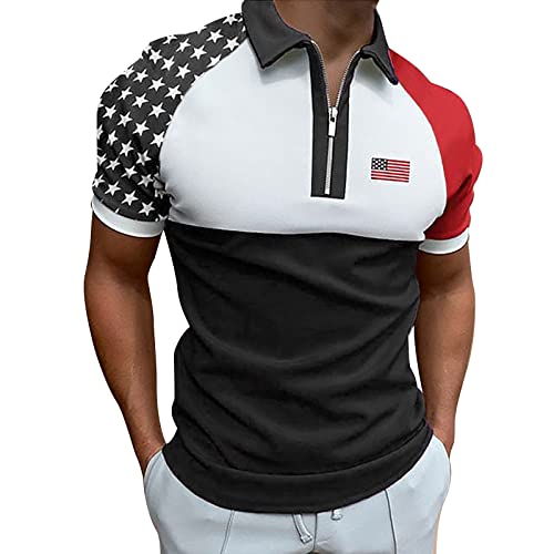 Muskel-Umlegekragen für Herren amerikanische Flagge patriotische Hemden schmale Passform Kurzarm Reißverschluss T-Shirts weiche T-Shirts Billig Herren (BK1-B,BK1-B)
