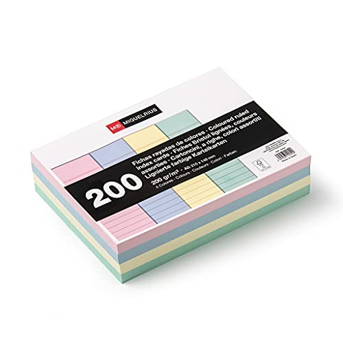 Miquelrius – Karteikarten, Lernkarten, 200 Notizkarten, horizontal liniert, A5-Format, 148 x 210 mm, 200 g/m² Offset-Kartenpapier, Pastellfarben