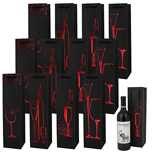 Wein Geschenktasche (12er Pack) 4 Designs - Flaschendesign Geschenktaschen für Flaschen mit Seilgriffen, Packung edle Flaschentüten Geschenktüten schwarz für Wein Sekt und Champagner geeignet (B)