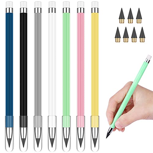 Vicloon Tintenlose Bleistifte Ewig, 7 Stück Ewiger Bleistift mit Radiergummi, mit 7 Stück Ersatzspitzen, Unendlicher Bleistift, Bleistift Ohne Anspitzen zum Schreiben, Zeichnen, Wiederverwendbar(A)