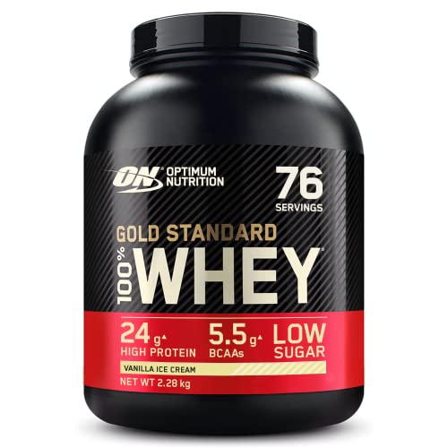 Optimum Nutrition Gold Standard 100% Molkenproteinpulver für Muskelaufbau und -regeneration mit natürlich vorkommendem Glutamin und BCAA-Aminosäuren, Vanilla Ice Cream, 73 Portionen, 2,28 kg