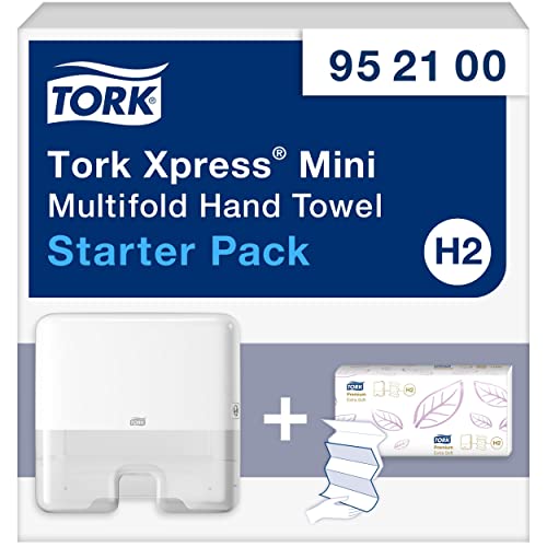 Tork Xpress Mini Spender für Multifold Papierhandtücher Starter Pack 952100, Elevation Design - Kompakter H2 Handtuchspender, Weiß für Falthandtücher + Papierhandtücher Nachfüllen (100 Blatt)