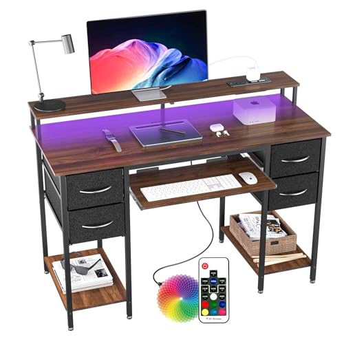 BEXEVUE Gaming Schreibtisch mit Steckdosen LED - 120x50 cm Moderner Computertisch mit Tastaturablage, 4 Umkehrbare Schubladen, Großes Lagerregal zum Lernen Spielen Arbeiten Schlafzimmer Heimbüro