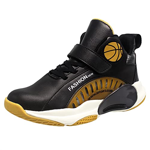 HSNA Basketball-Schuhe für Kinder Sportschuhe mit Klettverschluss Jungen(Schwarz Gold 37 EU)