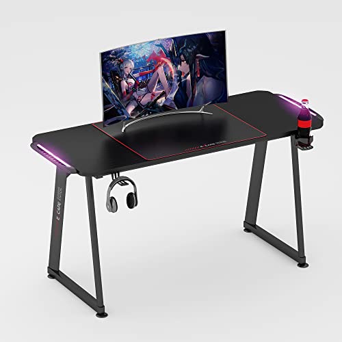 eXcape Gaming Tisch A14 mit LED Beleuchtung 140cm (+10cm Extensions) x 60cm - Carbon-Optik, Schreibtisch Gaming - inkl. Getränkehalter, Kopfhörerhalter - PC Tisch, Gamer Desk