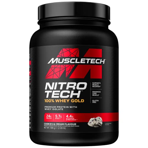 MuscleTech NitroTech 100% Whey Gold Protein Pulver, Whey Isolate Proteinpulver & Peptides, Proteinpulver für Männer und Frauen, 5.5g BCAA, 28 Portionen, 908g, Cookies and Cream
