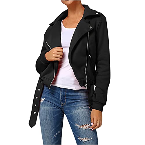 Sisifa Damen Reverskragen Weste Jacke Langarm Sweatshirt Jacke für Damen Sweatjacke Einfarbig Zip Up Motorradjacke mit Taschen