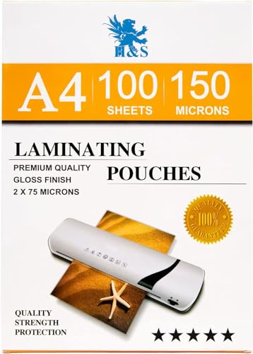 H&S Laminierfolien A4-100 Stück x Din A4 - Laminierfolie glänzend und klar - Künstlerqualität 150 Micron (2x 75 Micron) - Folierfolien Set blasenfrei knitterfrei