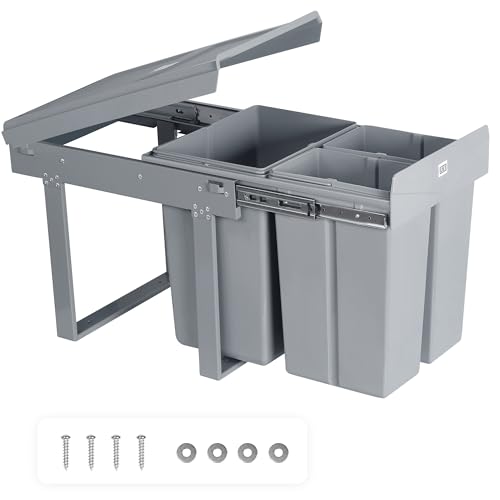 LVJ Aufgerüstet 40L Einbaumülleimer Unterschrank Küche Abfallsammler Müll-Trennsystem 3 Fächer Ausziehbar 1 x 20 & 2 x 10 l, Gesamtgröße 48 x 34 x 42 cm (L x B x H), Grau