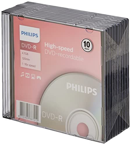 Philips DVD-R Rohlinge (4.7 GB Data/120 min. Video, 16x High-Speed-Aufnahme, 10er Slim Jewel Case)