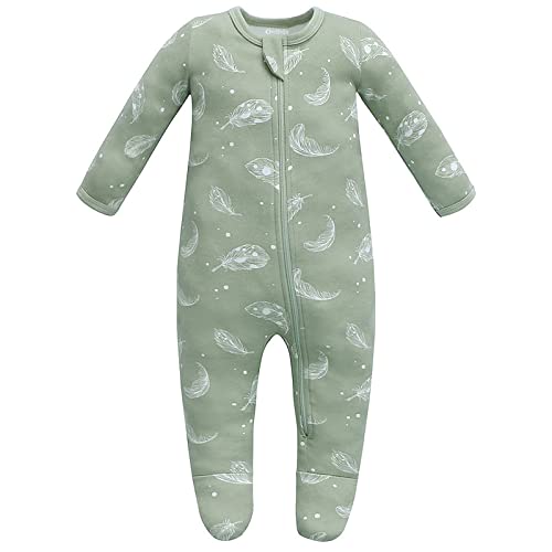 Owlivia Baby Schlafstrampler aus Bio Baumwolle, für Mädchen und Jungen, Langarm, mit Fußen (Feder, 0-3 Monate)