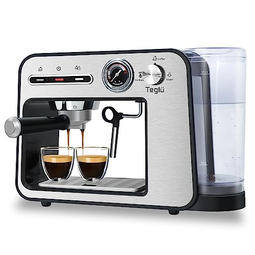 Teglu Kaffeemaschine, Espresso-Siebträgermaschine, 20 Bar Espressomaschine, Milchaufschäumer für Cappuccino und Latte, Macchiato, Spülmaschinenfeste Tropfschale