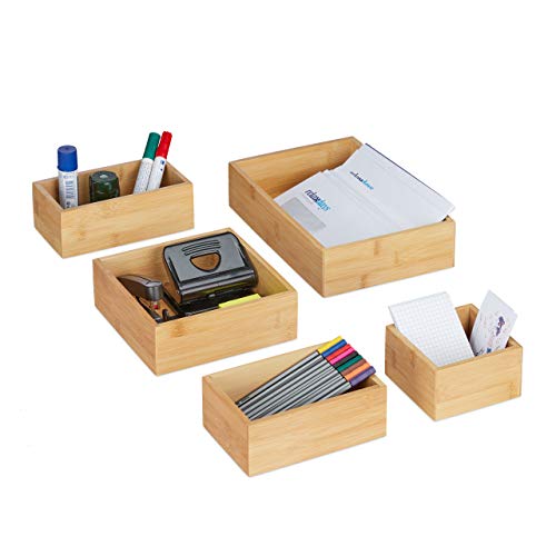 Relaxdays Ordnungsboxen 5er Set, Schubladen Ordnungssystem Bambus, Organizer Küche, Bad & Büro, versch. Größen, Natur