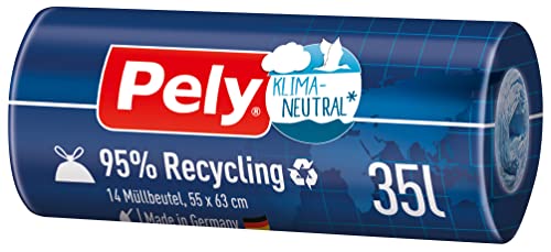 Pely Zugband Müllbeutel aus 95% Recyclingmaterial 35 Liter - klimaneutralisiert durch Kompensation, Vorteilspack (16 x 14 Stück), für die Entsorgung