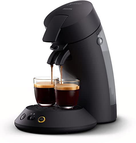 Philips Original Plus Eco Kaffeepadmaschine, Kaffeestärkewahl, Kaffee Boost Technologie, 80%* recyceltes Plastik, 45%** weniger Energieverbrauch, 2 Tassen gleichzeitig, Klavierlackschwarz (CSA210/22)