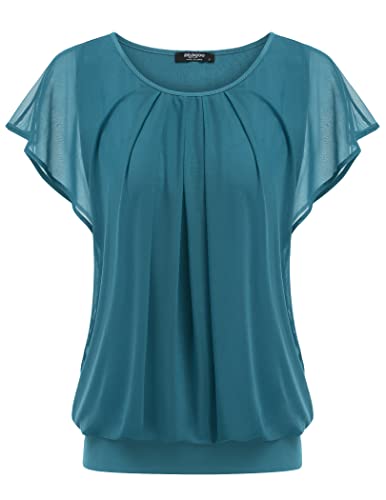 Zeagoo Shirt Damen Kurzarm Batwing Sommer Chiffon Bluse Elegant Tunika flatternd Hemd Loose Fit Türkisblau M