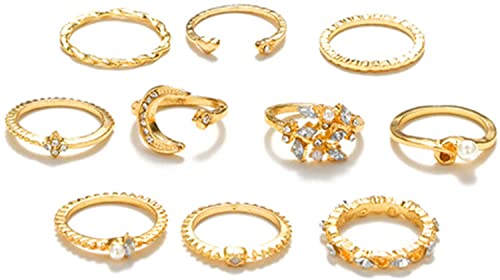 PULABO Goldenes Fingerknöchel-Ring-Set für Damen, 10 Stück, trendige einfache Ringe, vergoldete Gelenk-Fingerringe, aussagekräftige, stapelbare Ringe Praktisch