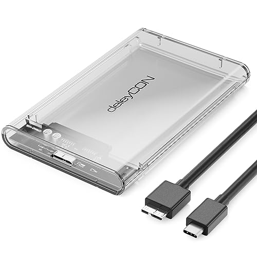 deleyCON USB-C Festplattengehäuse 2,5 Zoll - USB 3.1 Gen 1 Externes Festplatten Gehäuse für 2,5' (6,35 cm) SATA HDD Festplatte / SSD 7 mm & 9 mm - Werkzeugfreie Montage - Transparent