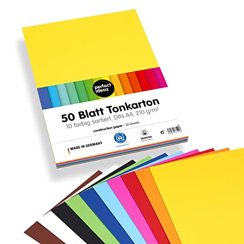 perfect ideaz • 50 Blatt Tonkarton DIN-A4, 10 Farben, 210g /m², MADE IN GERMANY