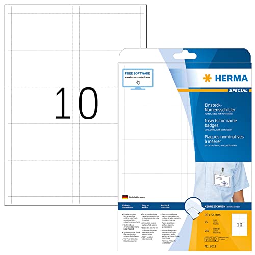 HERMA 9011 Namensschilder für Kleidung perforiert, 25 Blatt, 90 x 54 mm, 10 pro A4 Bogen, 250 Stück, bedruckbar, nicht klebende Karton Einsteckkarten mit Perforation, weiß