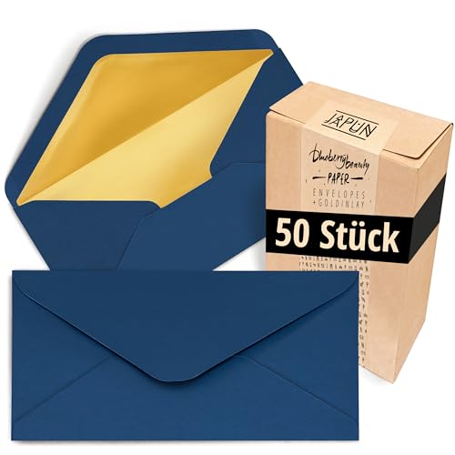 Japun – Briefumschläge (50 Stück), Kuvert, Umschlag ohne Fenster - DIN lang - 220 x 110 mm - innen: Gold - Papier-Farbe: blau