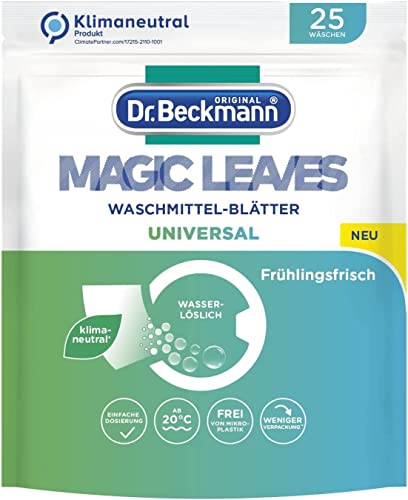Dr. Beckmann MAGIC LEAVES Waschmittel-Blätter UNIVERSAL | vordosierte & wasserlösliche Waschblätter | platzsparend und leicht anzuwenden | 25 Blätter