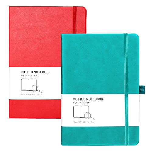 RETTACY A5 gepunktetes Notizbuch – Bullet Dot Grid Journal 2 Pack mit 2 kostenlosen Schablonen, 120 g/m² dickes Papier, 320 Seiten, Leder-Hardcover, für Damen und Herren, Künstler, Schreiben, Zeichnen