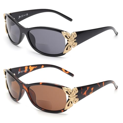 JM 2 Pack Sonnenbrille mit Sehstärke für Damen, Mode Lesesonnenbrille Schmetterling Lesebrille UV400 Schutz Schwarz & Schildkröte +4.0