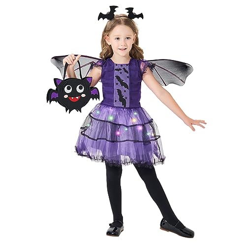 DAOUZL Halloween Kostüm Fledermaus Mädchen, Kinder Fledermaus Kleid mit Haareif, Lila Leuchtendes Tutu Rock, Flügel und Handtasche, Fledermaus Kostüm Mädchen für Halloween Karneval Cosplay Party