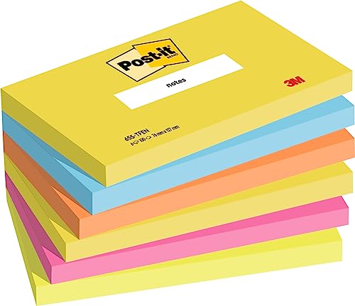 Post-it Notes Energetic Collection, Packung mit 6 Blöcken, 100 Blatt pro Block, 76 mm x 127 mm, Farben: Gelb, Blau, Orange, Pink, Grün - Selbstklebende Notizzettel für Notizen
