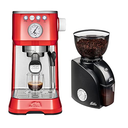 Solis Espressomaschine Barista Perfetta Plus 1170 - Siebträgermaschine - Kaffeemaschine mit Mahlwerk - Kaffeemühle Elektrisch - Manometer - Dampf-/Heißwasserdüse - 54 mm Siebträger - Rot