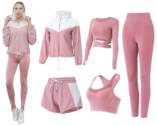 ZETIY Sport Set Damen Trainingsanzug Yoga Kleidung Anzug 5er-Set Laufbekleidung Damen BH Leggings Set für Gym Fitness Kleidung - Rosa - XL