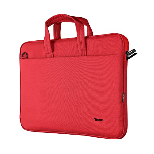 Trust Bologna Slim Laptop Eco Tasche bis 16 Zoll aus Recyceltem Kunststoff, mit Schultergurt, Nachhaltige Umhängetasche für Reisen, Business, Büro, Schule - Rot