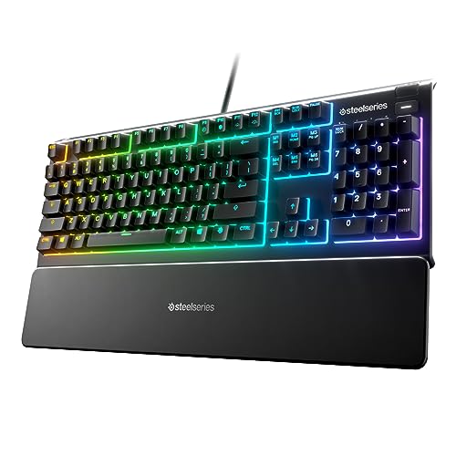 SteelSeries Apex 3 RGB Gaming Tastatur 10-Zonen RGB Beleuchtung IP32 Wasserabweisend Premium Magnetische Handgelenkauflage 64812 flüsterleise fühlbar & geräuschlos