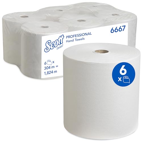 Scott gerollte Papierhandtücher 6667 - Rollenhandtuch für Spender - 6 x 304 m Papierhandtuchrollen- Weiß, 1-lagig, besonders saugfähig und reißfest