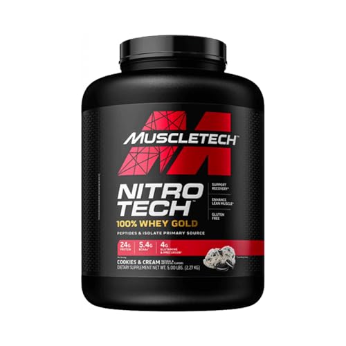 MuscleTech NitroTech 100% Whey Gold Protein Pulver, Whey Isolate Proteinpulver & Peptides, Proteinpulver für Männer und Frauen, 5.5g BCAA, 71 Servings, 2.27kg, Cookies & Cream