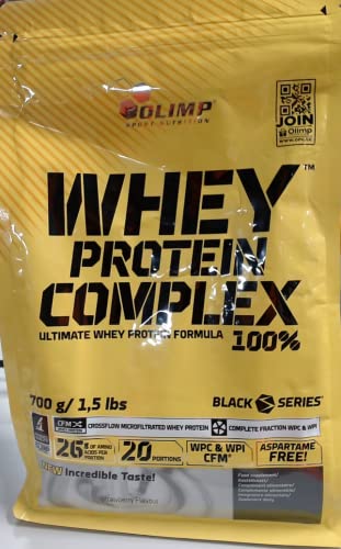 Olimp Whey Protein Complex 100% | Powder Eiweiß-Pulver | BCAA-Aminosäuren | mit Süßstoffen, aspartamfrei | Cocktails Smoothies | Erdbeere Geschmack | 20 Portionen | 700 g Verpackung