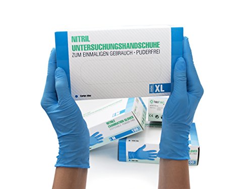 SF Medical Products GmbH Einweghandschuhe XL Blau 100 Stück Box Einmalhandschuhe puderfrei Nitrilhandschuhe unsteril Gummihandschuhe Nitril Handschuhe