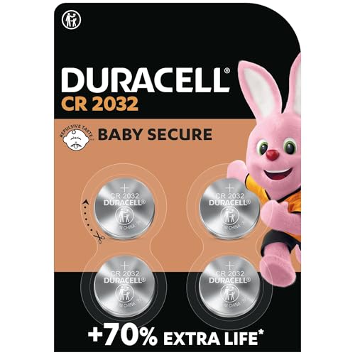 Duracell Specialty 2032 Lithium-Knopfzelle 3 V, mit Kindersichere Technologie, für die Verwendung in Schlüsselanhängern,Waagen, Wearables und medizinischen Geräten (CR2032 /DL2032),4 count(pack of 1)