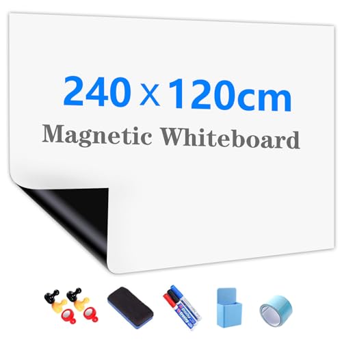 JOMUSAGA Whiteboard Folie, 240 * 120cm, magnetisch selbstklebende Weißwandtafel Folie, Whiteboard Sticker DIY, inklusive Marker, Schwamm und Magnete, für Schule, Büro und Haus