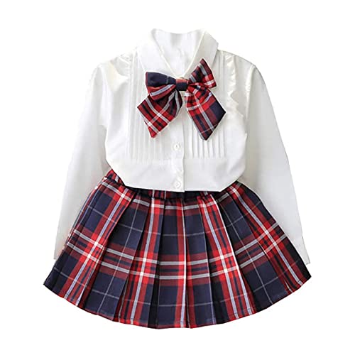 Verve Jelly Kinder Baby Mädchen Outfit Langarm Weiß Bluse Hemd Bowknot Tops + Kariertes A-Linien Kleid Schulmädchenuniform Faltenrock Rot 15 6-7 Jahre