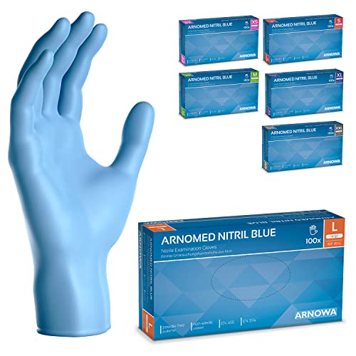 ARNOMED Nitril Einweghandschuhe 100 Stück/Box, L, puderfreie & latexfreie Einmalhandschuhe, Blaue Nitrilhandschuhe, in Gr. XS, S, M, L, XL & XXL verfügbar