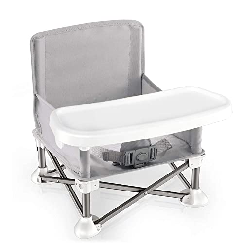 faltbarer Kinderstuhl Babystuhl mit Abnehmbares Tablett, Gepolsterter Tischstuhl für zu Hause und Unterwegs, mit Transportbeutel (Grau)