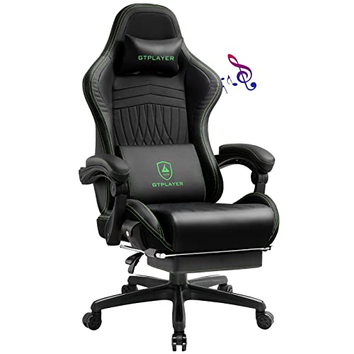GTPLAYER Gaming Stuhl, Ergonomischer Gaming Sessel Schreibtischstuhl PC Gamer Racing Stuhl mit Fußstütze Lautsprecher Musik Bürostuhl bis 150kg belastbar schwarz-grün