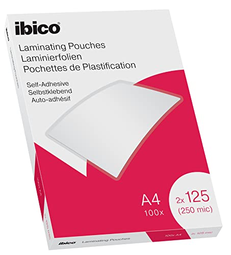 Ibico Selbstklebende Laminierfolien A4 125 mic, 100 Stück, glänzende Heißlaminierfolien, abgerundete Ecken, transparent, ideal für Hinweisschilder und Dokumente, 627325